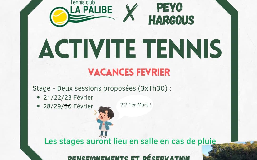 Activité tennis vacances février 2024